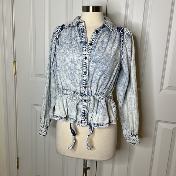 Free People Denim Top Balloon Sleeve Tie Waist SzXS - Picture 2 of 8